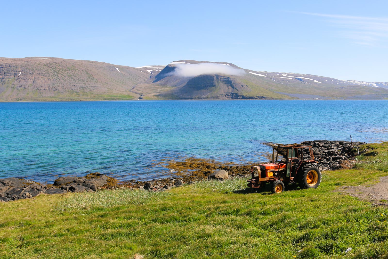 Die Kreuzung lag direkt im Patreksfjörður, der zu den schönsten der Westfjorde gehört - aber auch zu denen mit dem geringsten Verkehr und den meisten Fliegen.